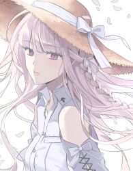  1girl absurdres bare_shoulders blush braid closed_mouth collared_shirt danganronpa:_trigger_happy_havoc danganronpa_(series) detached_sleeves floating_hair hashtag-only_commentary hat highres kirigiri_kyoko long_hair looking_at_viewer merryxmasu petals purple_hair shirt simple_background solo straw_hat violet_eyes white_background white_shirt 