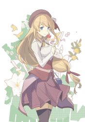  1girl agnes_claudel beret black_thighhighs blonde_hair blue_eyes breasts closed_mouth criss-cross_halter eiyuu_densetsu floating_hair from_side hair_ribbon halterneck hat highres kai_no_kiseki kuro_no_kiseki_(series) long_hair long_single_sidelock long_sleeves low-tied_long_hair medium_breasts momoseayuri playing_with_own_hair red_hat red_ribbon ribbed_sweater ribbon single_sidelock skirt smile solo sweater thigh-highs very_long_hair 