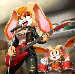  2girls age_difference alternate_costume animal_ears black_jacket black_lips black_nails black_pants blue_bow blue_bowtie bow bowtie bracelet breasts choker clothes_writing codybaier commentary cream_the_rabbit dress drum drumsticks english_commentary furry furry_female garage gloves guitar highres holding holding_drumsticks holding_guitar holding_instrument instrument jacket jewelry large_breasts leather leather_jacket leather_pants microphone mother_and_daughter multiple_girls multiple_rings music necklace open_mouth orange_dress orange_hair pants playing_drums playing_guitar playing_instrument rabbit_ears rabbit_girl ring singing smile sonic_(series) spiked_bracelet spiked_choker spikes strapless tube_top vanilla_the_rabbit white_gloves white_tube_top yellow_fur 