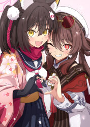 2girls animal_ear_fluff animal_ears blue_archive blue_sailor_collar blue_skirt brown_hair brown_scarf chinese_clothes commentary_request crossover eyeshadow eyewear_on_head fang flower-shaped_pupils fox_ears fox_girl fox_hair_ornament genshin_impact gloves grin hair_ornament halo hat heart heart_hands heart_hands_duo highres hu_tao_(cherries_snow-laden)_(genshin_impact) hu_tao_(genshin_impact) izuna_(blue_archive) long_hair looking_at_viewer makeup menchi-men multiple_girls neckerchief official_alternate_costume one_eye_closed open_mouth partially_fingerless_gloves pink_eyeshadow pink_halo pink_neckerchief pink_scarf pleated_skirt pom_pom_(clothes) pom_pom_hair_ornament red-tinted_eyewear red_eyes round_eyewear sailor_collar scarf school_uniform serafuku short_hair skin_fang skirt smile sunglasses symbol-shaped_pupils tinted_eyewear upper_body white_hat white_serafuku yellow-framed_eyewear yellow_eyes 