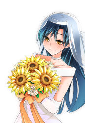  1girl blue_hair blush bouquet bridal_veil closed_mouth dress elbow_gloves flower gloves highres holding holding_bouquet idolmaster idolmaster_(classic) keigen_hichou kisaragi_chihaya long_hair simple_background solo standing sunflower upper_body veil wedding_dress white_background white_dress white_gloves yellow_eyes 