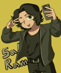  1boy ;d belt black_belt black_eyes black_pants black_shirt character_name collared_jacket commentary cowboy_shot curtained_hair dutch_angle english_commentary english_text flipped_hair hands_up highres jacket long_sleeves looking_at_viewer male_focus one_eye_closed open_clothes open_jacket open_mouth pants photo-referenced puffy_long_sleeves puffy_sleeves real_life salvador_ramos sauerkrautbbq shirt short_hair sidelocks simple_background smile solo source_request standing teeth third-party_source tongue true_crime upper_teeth_only v v_over_eye yellow_background 