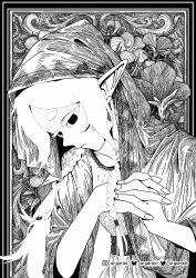  1girl alternate_costume argarad bluesky_username braid breasts commentary crosshatching dress earrings empty_eyes english_commentary expressionless flower frieren hatching_(texture) head_tilt headscarf highres instagram_username interlocked_fingers jewelry low_twin_braids monochrome small_breasts solo sousou_no_frieren thick_eyebrows twin_braids twitter_username upper_body watermark 