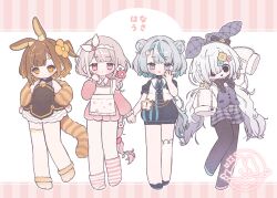 4girls absurdres animal_ear_fluff animal_ears asymmetrical_footwear bare_shoulders black_eyes black_pantyhose black_shoes black_shorts black_vest blue_eyes blue_shoes blue_streaks blunt_bangs blush braid brown_hair brown_socks closed_mouth commentary_request double_bun full_body grey_hair hair_bun hands_on_own_hips hands_up highres kiri_ume letterboxed long_hair long_sleeves looking_at_viewer low_twintails mismatched_footwear multicolored_hair multiple_girls no_shoes open_mouth orange_eyes original outside_border pantyhose pantyhose_under_shorts pink_eyes pink_socks plaid_clothes plaid_shorts rabbit_ears rabbit_girl red_eyes romaji_commentary shirt shoes short_hair shorts simple_background single_braid single_thighhigh sleeves_past_fingers sleeves_past_wrists smile socks standing standing_on_one_leg streaked_hair striped_clothes striped_socks thigh-highs twintails vest white_background white_hair white_shirt 