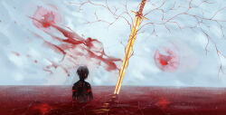  1girl ambiguous_red_liquid android black_hair commentary disembodied_eye elster_(signalis) english_commentary from_behind highres horizon huge_weapon partially_submerged red_eyes scenery short_hair signalis solo surreal sword veins wading weapon wide_shot yulesrill 