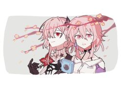  2girls beibc_eee black_choker black_flower black_gloves camera choker closed_mouth commentary cropped_torso earrings evernight_(honkai:_star_rail) flower flower_ornament gloves hair_between_eyes hair_flower hair_ornament hairclip highres holding holding_camera honkai:_star_rail honkai_(series) jewelry long_hair looking_at_viewer march_7th_(honkai:_star_rail) multiple_girls parted_lips pink_hair red_eyes shirt single_earring smile 