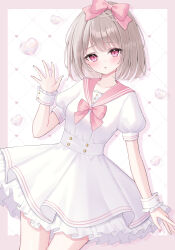  1girl :o blush border bow bowtie brown_hair commentary_request commission cowboy_shot dot_nose double_horizontal_stripe dress drop_shadow frilled_dress frilled_wrist_cuffs frills grid_background hair_bow hand_up highres looking_at_viewer open_mouth original outside_border pink_border pink_bow pink_bowtie pink_eyes pink_sailor_collar sailor_collar sailor_dress short_hair short_sleeves skeb_commission solo suineco white_background wrist_cuffs 