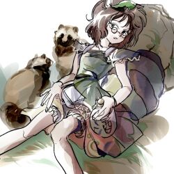  1girl 6osquet animal_ears bracelet brown_hair check_clothing clothing_request curtained_hair feet_out_of_frame frilled_sleeves frills futatsuiwa_mamizou grass green_eyes grey_eyes grey_sleeves holding holding_jar jar jewelry large_hands leaf leaf_on_head looking_at_viewer lying medium_hair parted_lips pince-nez raccoon_ears raccoon_girl raccoon_tail red_skirt rock short_sleeves sitting skirt spiral_print tail tanuki teeth touhou vignetting watercolor_background white_background 