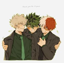  3boys adjusting_clothes adjusting_necktie bakugou_katsuki black_jacket black_vest blonde_hair boku_no_hero_academia burn_scar closed_eyes crying english_text freckles green_hair green_necktie green_shirt happy highres jacket joikzo looking_at_another male_focus midoriya_izuku multicolored_hair multiple_boys necktie one_eye_closed red_hair scar scar_on_face shirt short_hair simple_background smile spiky_hair split-color_hair suit todoroki_shoto twitter_username two-tone_hair upper_body vest white_background white_hair 