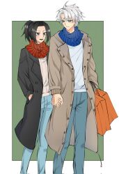  1boy 1girl aqua_eyes bag balcony black_coat black_eyes bleach bleach:_sennen_kessen-hen blue_pants blue_scarf brown_coat coat commentary corrupted_twitter_file denim english_commentary hand_in_pocket height_difference highres hitsugaya_toushirou hitsugaya_toushirou_(adult) holding holding_bag holding_hands jeans kurosaki_karin open_mouth pants ponytail scarf shopping_bag silegesi smile striped_clothes striped_scarf white_hair 