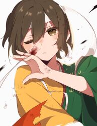  1girl blood blood_on_face blood_on_hands brown_eyes brown_hair closed_mouth commentary_request hachimugi_(hachino_mugi) hair_between_eyes headband highres hiryuu_(kancolle) hiryuu_kai_san_(kancolle) injury japanese_clothes kantai_collection kimono looking_at_viewer one_eye_closed short_hair simple_background solo tasuki torn_clothes upper_body white_headband wide_sleeves 