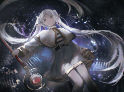  1girl belt black_belt capelet cokei commentary earrings elf feet_out_of_frame frieren green_eyes highres holding holding_staff jewelry long_hair pointy_ears solo sousou_no_frieren staff teardrop_earrings twintails white_capelet white_hair 