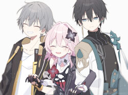  1girl 2boys black_flower black_gloves black_hair caelus_(honkai:_star_rail) closed_eyes commentary_request dan_heng_(honkai:_star_rail) dan_heng_(hunt)_(honkai:_star_rail) earrings evernight_(honkai:_star_rail) flower gloves grey_hair grin hair_flower hair_intakes hair_ornament hairclip highres holding_hands honkai:_star_rail honkai_(series) interlocked_fingers jewelry light_blush locked_arms long_sleeves march_7th_(honkai:_star_rail) multiple_boys official_alternate_costume official_alternate_design open_mouth parallel_hairclips pink_hair red_flower single_bare_shoulder single_earring smile trailblazer_(honkai:_star_rail) twitter_username uwasewau 