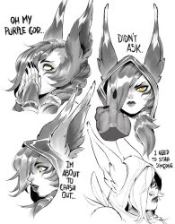  1girl animal_ears closed_mouth english_text green_(greeniris) hands_up highres hood hood_up league_of_legends long_hair looking_at_viewer middle_finger multiple_views orange_eyes own_hands_together simple_background slit_pupils white_background xayah 
