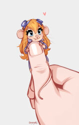  1girl 1other animal_ears animal_nose artist_name blue-framed_eyewear blue_eyes body_fur chip_'n_dale_rescue_rangers closed_mouth commentary eyewear_on_head furry furry_female gadget_hackwrench goggles grey_background highres holding_another's_finger jumpsuit long_hair looking_afar looking_up mickey_mouse_&amp;_friends mini_person minigirl mouse_ears mouse_girl mouse_tail orange_hair purple_jumpsuit sidelocks signature simple_background solo_focus spuydjeks tail whiskers 