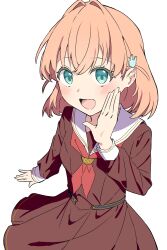  1girl :d aqua_eyes blush brown_dress commentary dress hair_ornament hasu_no_sora_school_uniform highres hinoshita_kaho kai_(shell) link!_like!_love_live! long_sleeves looking_at_viewer love_live! medium_dress medium_hair neckerchief orange_hair pleated_dress rabbit_hair_ornament red_neckerchief sailor_collar sailor_dress school_uniform smile solo two_side_up untranslatable_commentary virtual_youtuber white_sailor_collar winter_uniform 