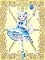  1girl :d animal_ears blue_bow blue_dress blue_eyes blue_shoes bow dress full_body gloves hair_bow holding kerberos_blade long_hair looking_at_viewer mary_janes natsu_mikan_(tw) open_mouth shoes short_hair short_sleeves smile solo standing tail thigh-highs wand white_gloves white_thighhighs yellow_background 