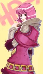  1girl absurdres belt bob_cut bodysuit capelet closed_mouth clothing_cutout commentary_request cowboy_shot dress fur-trimmed_dress fur_trim gold_belt green_eyes grey_bodysuit highres hot_pants_(sbr) jojo_no_kimyou_na_bouken leaf_ornament looking_at_viewer looking_back missing_headwear orange_lips pink_capelet pink_dress pink_hair short_dress short_hair shoulder_cutout simple_background solo steel_ball_run ungi1789 yellow_background 