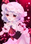  1girl ascot cacao_(cacaomgmg) fang frilled_hat frills hat highres mob_cap nail_polish red_ascot red_eyes red_ribbon ribbon short_hair skin_fang solo touhou 