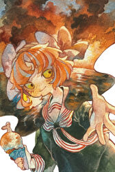  1girl analogous_colors black_shirt bow commentary_request double_exposure e.g.o_(project_moon) food freckles green_eyes hair_bow highres holding holding_food holding_ice_cream ice_cream ishmael_(project_moon) limbus_company long_sleeves mochigome_138 nail_polish neckerchief ocean painting_(medium) project_moon reaching reaching_towards_viewer sailor_collar sailor_shirt shirt short_hair smile snagharpoon_(e.g.o) solo striped_neckerchief sunset traditional_media watercolor_(medium) 