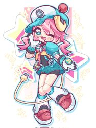  1girl ;3 ;d android animal_collar animal_ears aqua_eyes aqua_hat aqua_outline aqua_skirt asui_inui_(vtuber) baseball_cap black_unitard blush_stickers bolt_(hardware) borrowed_character collar commentary commission corrupted_twitter_file crop_top dog_ears dog_girl electric_plug electric_plug_tail english_commentary full_body gloves gradient_background hand_on_own_cheek hand_on_own_face hand_up hat highres indie_virtual_youtuber joints knees_together_feet_apart leg_warmers lightning_bolt_symbol looking_at_viewer medium_hair neckerchief one_eye_closed open_mouth outline pause_button pink_background pink_hair play_button puffy_short_sleeves puffy_sleeves red_collar red_neckerchief red_shoes robot robot_girl robot_joints s0d4chan sailor_collar see-through_clothes see-through_skirt shoes short_sleeves short_twintails sidelocks skirt smile solo sparkle_background star_(symbol) star_symbol_background studded_collar suspender_skirt suspenders swept_bangs tail thick_eyebrows tilted_headwear twintails unitard virtual_youtuber white_background white_gloves white_leg_warmers white_sailor_collar 