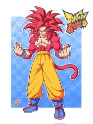  1boy blue_background blue_boots body_fur boots closed_mouth copyright_name dragon_ball dragon_ball_daima full_body highres male_focus medium_hair monkey_tail muscular muscular_male orange_pants pants red_eyes red_fur red_hair red_tail renatt_(rntt_o) smile solo son_goku spiky_hair super_saiyan super_saiyan_4 tail topless_male 