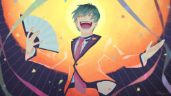 1boy :d \||/ ^_^ aqua_hair belt black_belt black_trim blending blurry blurry_foreground choppy_bangs closed_eyes commentary confetti contrast_collar contrast_lapels cowboy_shot depth_of_field ear_piercing earrings english_commentary fangs fingernails floating_clothes floating_hair folding_fan grin hair_between_eyes halo hand_fan hand_up holding holding_fan hypnosis_mic jacket jewelry lapel_pin lapels light_rays long_sleeves male_focus multicolored_hair necktie nurude_sasara open_hand open_mouth orange_jacket orange_pants outstretched_arms pants paper_texture piercing red_necktie shirt short_hair signature smile solo souyuu straight-on streamers stud_earrings suit_jacket sun symbolism two-sided_fabric two-sided_jacket very_short_hair white_shirt 