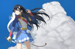  1girl absurdres anqininnn arm_at_side belt black_hair blue_eyes blue_jacket blue_skirt blue_sky chinese_commentary closed_mouth clouds commentary_request cowboy_shot cumulonimbus_cloud dagger day floating_hair fur-trimmed_jacket fur_trim hair_ornament hand_up highres holding holding_dagger holding_knife holding_weapon jacket jacket_on_shoulders kagura_hikari knife long_hair long_sleeves looking_ahead looking_to_the_side miniskirt multicolored_jacket red_sash sash shoujo_kageki_revue_starlight shoulder_sash single_horizontal_stripe skirt sky smile solo sparkle_hair_ornament standing striped_clothes striped_skirt tassel two-tone_jacket very_long_hair waist_cape weapon white_jacket yellow_belt 