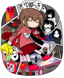  1boy 6+girls =_= ahoge animal balloon bed black_hair black_socks blonde_hair blood blood_on_knife blue_pants braid brown_hair cat closed_eyes closed_mouth collared_shirt colored_sclera copyright_logo dave_spector_(yume_nikki) drooling funamusea_(artist) green_shirt green_sweater grey_sclera holding holding_knife igloo knife kyukkyu-kun logo long_hair madotsuki monoe monoko multiple_girls no_mouth open_mouth pants pink_hair pink_sclera pink_shoes pink_sweater ponytail red_skirt rooftop sekomumasada_sensei shirt shoes short_sleeves skirt smile snow_shelter socks solo_focus sweater toriningen traffic_cone twin_braids twintails uboa white_shirt yuki_onna_(yume_nikki) yume_nikki 