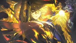  1boy alternate_form arm_up armor armpits asymmetrical_wings black_background blonde_hair blue_bodysuit bodysuit broken_skin closed_mouth commentary dawnmaker_(honkai:_star_rail) gauntlets gold_armor hair_between_eyes halo halo_behind_head highres holding holding_sword holding_weapon honkai:_star_rail honkai_(series) lips looking_at_another male_focus muscular muscular_male official_alternate_costume official_alternate_eye_color official_alternate_hair_color pectorals phainon_(honkai:_star_rail) phainon_(khaslana)_(honkai:_star_rail) short_hair shoulder_spikes simple_background single_gauntlet solo sparkle spikes sword untranslatable_commentary upper_body v-shaped_eyebrows weapon wings yellow_eyes yellow_halo yurika48597221 