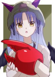  1girl angel_beats! border bungo_yayoi bungo_yayoi_(cosplay) commentary company_connection cosplay crab_claw demon_wings eyes_visible_through_hair fake_horns fake_wings green_background hair_between_eyes hands_up heaven_burns_red helmet highres horned_helmet horns jacket key_(company) lelie_(lelie_link) light_blush long_hair long_sleeves looking_at_viewer open_mouth outside_border school_uniform simple_background solo straight_hair tachibana_kanade upper_body white_border white_hair wings yellow_eyes yellow_jacket 