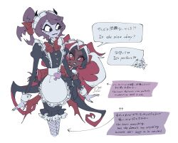  2girls absurdres apron black_dress black_eyes black_hair black_lips black_nails bow colored_sclera commentary_request dark-skinned_female dark_skin dress english_text fishnet_pantyhose fishnets hair_bow hazbin_hotel heart heart-shaped_pupils hellaverse highres holding_another's_arm horns juliet_sleeves kiduyoyoyo long_hair long_sleeves maid maid_headdress melissa_(hazbin_hotel) mixed-language_text multicolored_hair multiple_girls pantyhose ponytail puffy_sleeves purple_hair red_bow red_hair red_sclera short_hair streaked_hair symbol-shaped_pupils twintails velvette_(hazbin_hotel) white_apron white_background white_eyes white_hair 