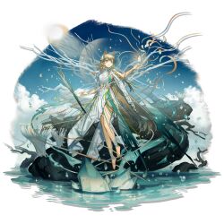  1girl absurdres animal_ears anklet arknights bare_legs barefoot blonde_hair blue_sky brown_hair clouds dress elf full_body hair_ornament highres jewelry long_hair muelsyse_(arknights) muelsyse_(young_branch)_(arknights) norizc official_alternate_costume official_art pointy_ears rock sky solo third-party_source transparent_background very_long_hair water white_dress yellow_eyes 