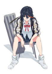  1girl bag bare_legs black_hair bow chair commentary_request full_body highres jacket kill_la_kill kirikiri large_bag leaning_forward light_frown looking_at_viewer matoi_ryuuko multicolored_hair red_bow red_hair red_streaks school_uniform shadow shoes short_hair shoulder_bag sitting skirt solo spread_legs strap streaked_hair two-tone_hair white_background white_shoes 