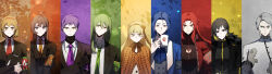  4girls 5girls absurdres armband ascot binah_(project_moon) black_coat black_eyes black_gloves black_hair black_suit blonde_hair blue_ascot blue_hair brown_hair chesed_(project_moon) coat commentary_request gebura_(project_moon) gloves green_hair green_necktie grey_hair highres hod_(project_moon) hokma_(project_moon) jacket lapels lobotomy_corporation long_hair looking_at_viewer malkuth_(project_moon) multiple_girls necktie netzach_(project_moon) notched_lapels orange_necktie project_moon purple_hair purple_necktie red_hair red_necktie short_hair suit suit_jacket tiphereth_a_(project_moon) yesod_(project_moon) zhang2011han 