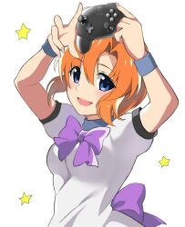  1girl :d arms_up blue_eyes blush bow bowtie breasts commentary_request controller cowboy_shot dress game_controller hair_between_eyes highres higurashi_no_naku_koro_ni holding holding_controller holding_game_controller long_finger looking_at_viewer mashimaro_tabetai medium_breasts nail_polish open_mouth orange_hair pink_nails puffy_short_sleeves puffy_sleeves purple_bow ribbon ryuuguu_rena shirt short_hair short_sleeves simple_background smile solo star_(symbol) upper_body white_background white_shirt wrist_cuffs 