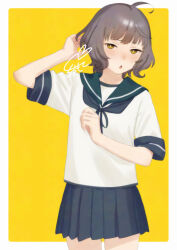  1girl adjusting_hair ahoge blue_neckerchief blue_skirt blush border bright_pupils brown_hair commentary cosplay cowboy_shot fubuki_(kancolle) fubuki_(kancolle)_(cosplay) green_sailor_collar heart kantai_collection kishinami_(kancolle) looking_at_viewer medium_hair miniskirt neckerchief nose_blush open_mouth outside_border pleated_skirt rounded_corners sailor_collar sakiecho school_uniform serafuku shirt short_sleeves sidelocks signature simple_background skirt solo standing white_border white_pupils white_shirt yellow_background yellow_eyes 