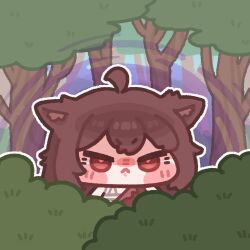  1girl :< ahoge angry animal_ear_fluff animal_ears blush_stickers brown_hair bush character_request chibi chibi_only closed_mouth commentary_request day double-parted_bangs forest korean_commentary long_hair monyami nature outdoors outline solo tree trickcal v-shaped_eyebrows white_outline 