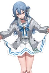  1girl absurdres alternate_hairstyle belt blue_belt blue_bow blue_bowtie blue_choker blue_eyes blue_hair blush bow bowtie cardigan choker clothes_lift collarbone commentary_request double-parted_bangs duplicate feet_out_of_frame grey_cardigan hair_between_eyes hair_bun hair_ribbon highres hololive hoshimachi_suisei hoshimachi_suisei_(sailor) knees_together_feet_apart lifting_own_clothes long_hair long_sidelocks long_sleeves looking_at_viewer nekoshima_kaede official_alternate_costume open_mouth parted_lips pixel-perfect_duplicate pleated_skirt ribbon sailor_collar shirt sidelocks simple_background skirt skirt_lift smile solo standing star_(symbol) star_in_eye symbol_in_eye teeth thighs virtual_youtuber white_background white_ribbon white_sailor_collar white_shirt white_skirt 