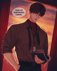  1boy absurdres belt belt_buckle bespectacled black_belt book buckle closed_mouth collared_shirt commentary english_commentary english_text fingernails glasses hand_in_pocket highres holding holding_book id_card lanyard layered_clothes lips looking_at_viewer love_and_deepspace lynuyu male_focus necktie open_collar rafayel_(love_and_deepspace) shirt short_hair solo speech_bubble sunset twitter_username undone_necktie upper_body 