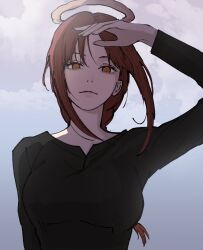  1girl braid braided_ponytail breasts chainsaw_man clouds commentary_request halo highres korean_commentary light_smile long_hair makima_(chainsaw_man) medium_breasts orange_hair red_hair sawgak sidelocks single_braid solo straight-on upper_body 