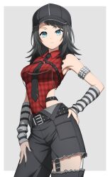  1girl arm_warmers armlet bang_dream! bang_dream!_it's_mygo!!!!! baseball_cap black_hair black_hat black_necktie black_pants blue_eyes breasts closed_mouth commentary gothic_punk hat highres jewelry long_sleeves looking_at_viewer medium_breasts medium_hair necktie noshimurin pants plaid_clothes plaid_shirt red_shirt shirt simple_background sleeveless sleeveless_shirt solo striped_arm_warmers white_background yahata_umiri 