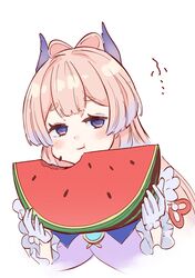  blue_eyes food fruit gloves highres nocknocktt pink_hair puffy_cheeks sangonomiya_kokomi simple_background watermelon white_gloves 