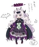  1girl animal_ears bat_(animal) black_cape black_dress black_gloves black_hairband black_ribbon blood blood_from_mouth blue_archive blush cape cat_ears demon_horns dress dress_ribbon e_v_e_neko elbow_gloves fake_animal_ears fangs gloves grey_hair hair_ribbon hairband halloween_costume halo highres hina_(blue_archive) horns jack-o&#039;-lantern long_hair messy_hair multiple_horns open_mouth purple_cape ribbon solo trick_or_treat vampire_costume very_long_hair violet_eyes white_background 