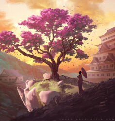  1girl architecture building castle cherry_blossoms commentary east_asian_architecture english_commentary from_behind grass holding holding_umbrella japanese_clothes kimono landscape original outdoors painterly petals pink_kimono pink_leaf pink_petals pink_umbrella rock scenery sky standing sunlight sylvain_sarrailh tree umbrella web_address yellow_sky 