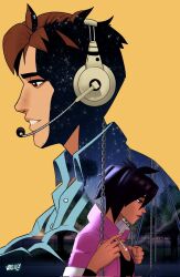  1boy 1girl artist_name between_fingers blue_shirt breasts brown_eyes brown_hair buttons cigarette close-up crop_top cropped_jacket dark-skinned_female dark_skin dispatch dress_shirt face_piercing facing_to_the_side from_side headset highres holding holding_cigarette invisigal_(dispatch) jacket night nose_piercing on_swing outdoors piercing pink_jacket playground profile purple_hair robert_robertson see-through_body shirt short_hair sky small_breasts smile smoke star_(sky) starry_sky swing tree very_short_hair wing_collar yellow_background 