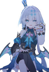  1girl absurdres blue_dress blue_eyes blue_hair breasts cerydra_(honkai:_star_rail) commentary_request crossed_legs detached_sleeves dress highres honkai:_star_rail honkai_(series) jewelry long_hair looking_at_viewer multiple_rings parted_lips ring simple_background single_thighhigh sitting small_breasts solo thigh-highs twitter_username uwasewau white_background wings 