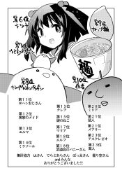  1boy 1other apple artist_self-insert bird commentary_request crossdressing crossdressing_(mtf) food fruit greyscale hair_bobbles hair_ornament highres instant_cup_noodles instant_noodles mahoutsukai_linn_no_shiawase_na_kekkon monochrome popularity_contest school_uniform serafuku tani_takeshi twintails 