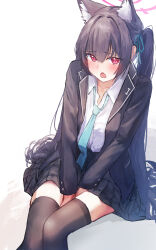  animal_ear_fluff animal_ears between_legs black_hair black_thighhighs blue_archive blue_necktie blue_ribbon cat_ears collared_shirt commentary fang fujiwara_haru_(nekonote) halo hand_between_legs highres necktie pink_halo plaid_clothes plaid_skirt pleated_skirt red_eyes ribbon serika_(blue_archive) shirt skin_fang skirt thigh-highs twintails white_shirt 