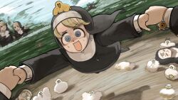  6+girls @_@ baby_animal bird blonde_hair blue_eyes brown_hair chicken clumsy_nun_(diva) coke-bottle_glasses diva_(hyxpk) duck duckling english_commentary fallen_down frog_headband froggy_nun_(diva) glasses glasses_nun_(diva) goat hedge highres hungry_nun_(diva) little_nuns_(diva) motion_blur multiple_girls nun outdoors pov round_eyewear spicy_nun_(diva) spinning strict_nun_(diva) traditional_nun 